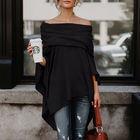 Women oversized poncho sweater tops high low asymmetrical wrap - Picture 4 of 6